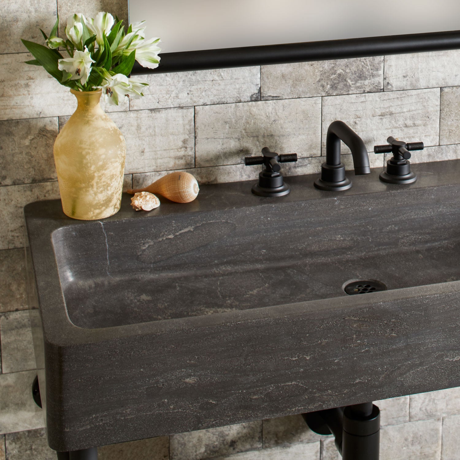 Antique gray limestone trough sink 