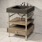 Antique gray limestone Terra bath sink with polished nickel Elemental Classic Console Vanity featuring wood drawer.