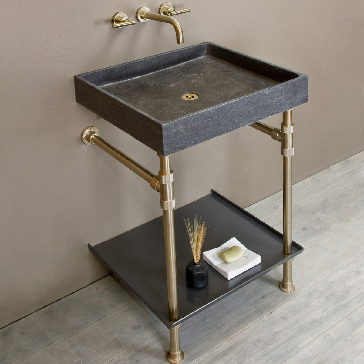 Ventus Bath Sink with Folded Metal Tray, Stone Forest