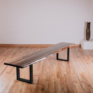 Large hardwood bench with metal legs image 1 of 4