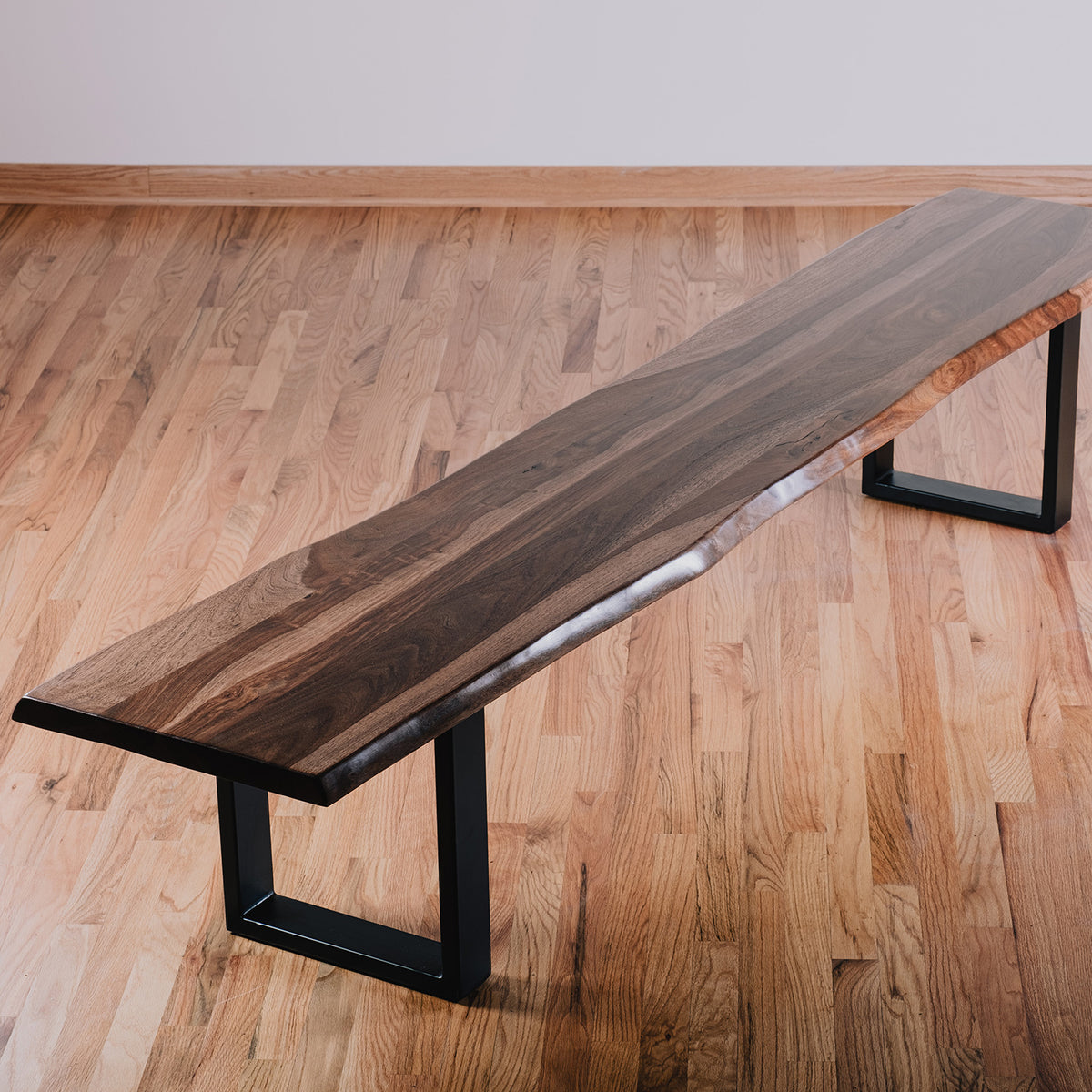 Large hardwood bench with metal legs image 2 of 4