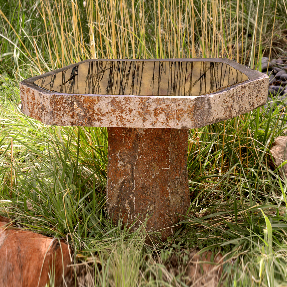 Stone Forest Basalt Birdbath, hand-carved from naturally occurring columns of basalt. image 1 of 1