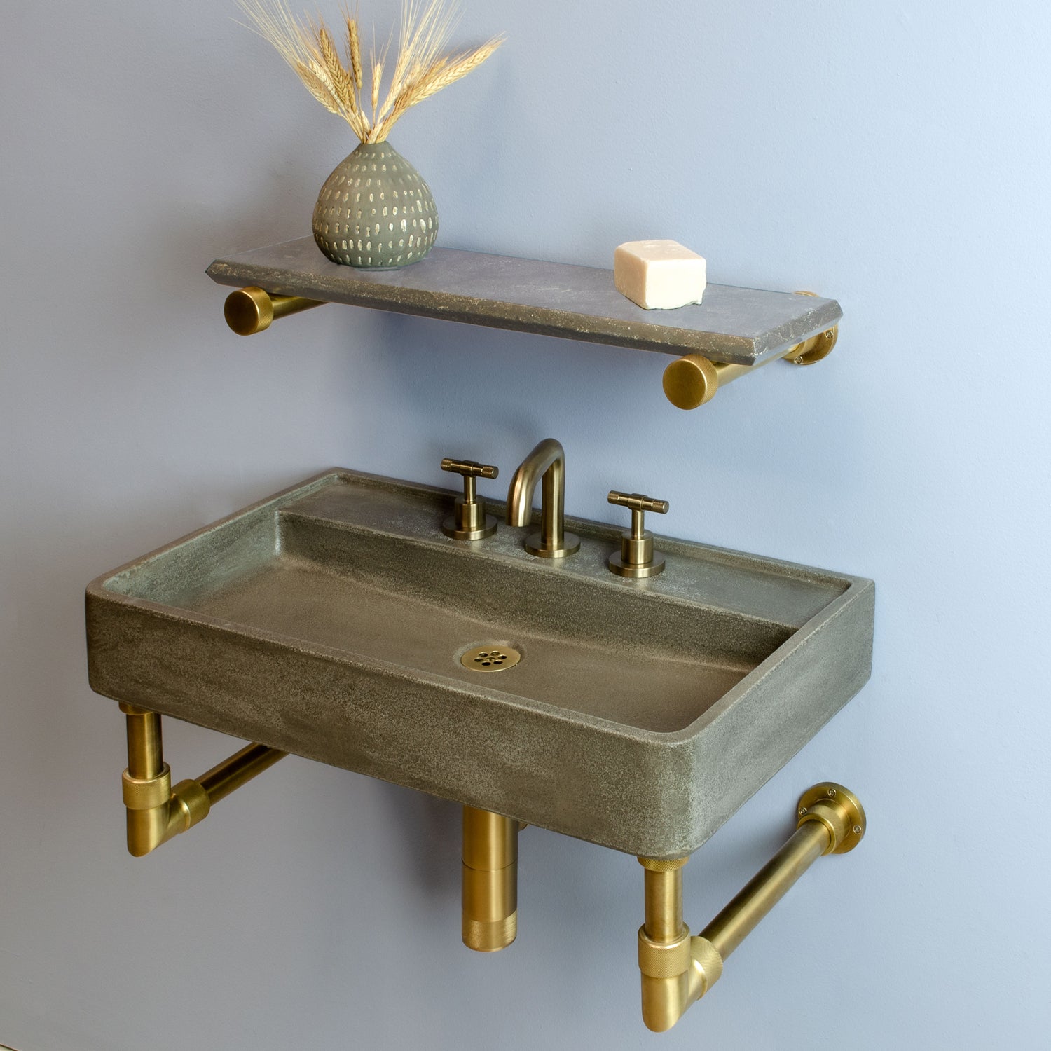 Lumbre Bath Sink in concrete on Elemental Classic wall unit in aged brass