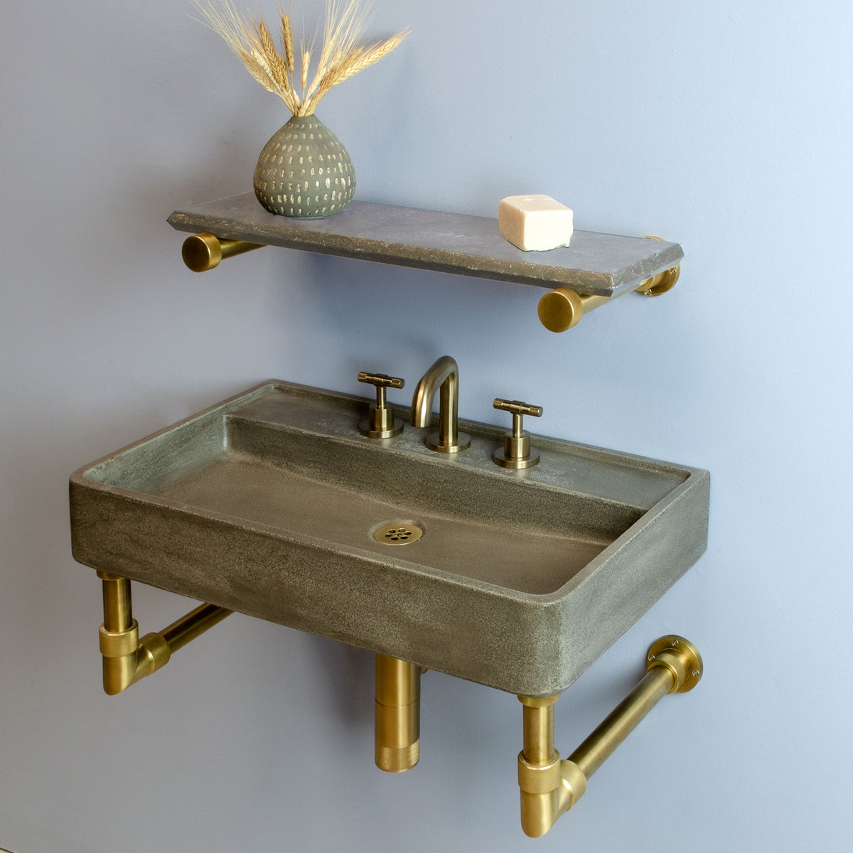 Lumbre Bath Sink in concrete on Elemental Classic wall unit in aged brass image 1 of 4