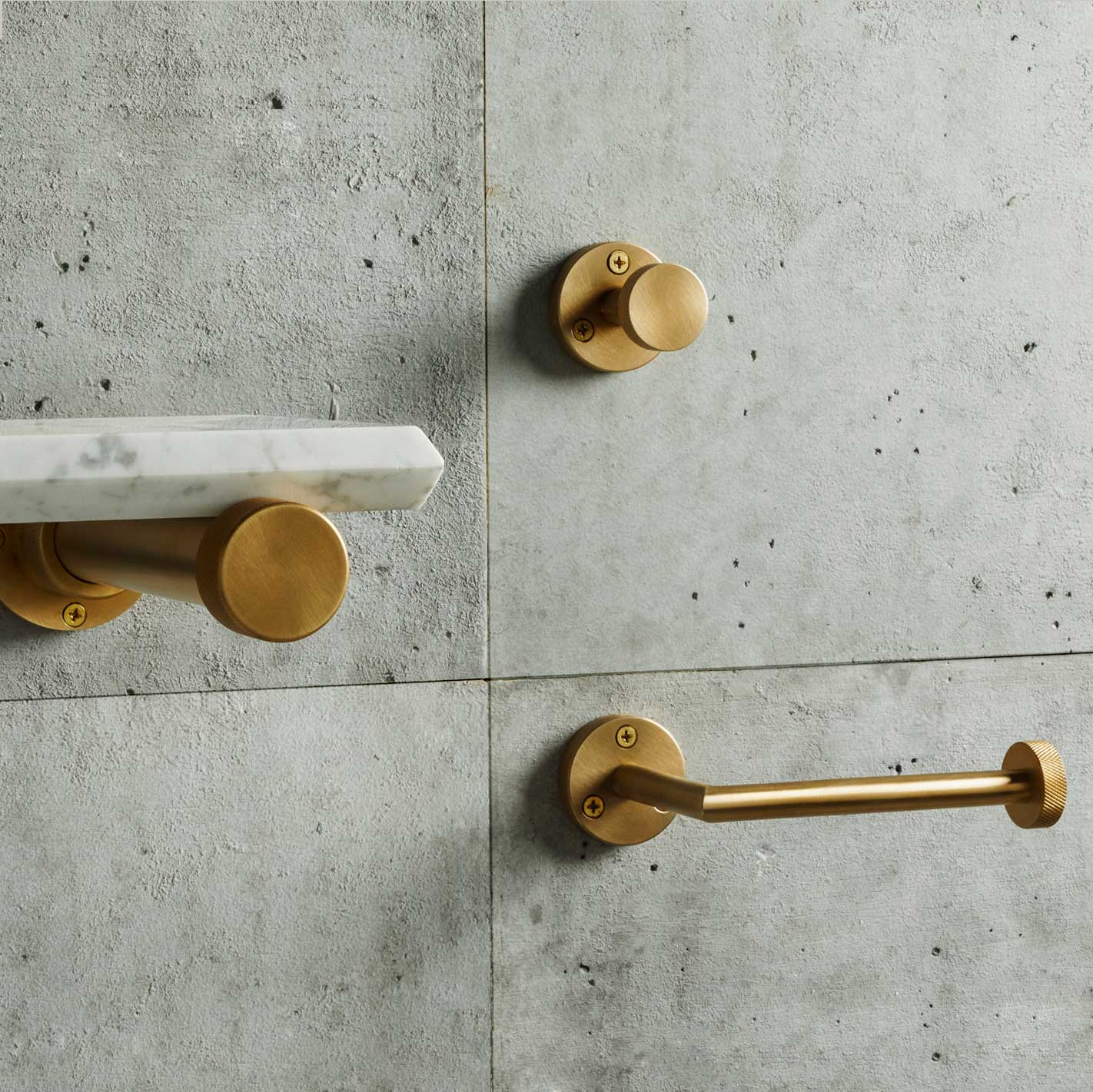 Elemental Classic Robe Hook & Paper Holder in aged brass and carrara marble