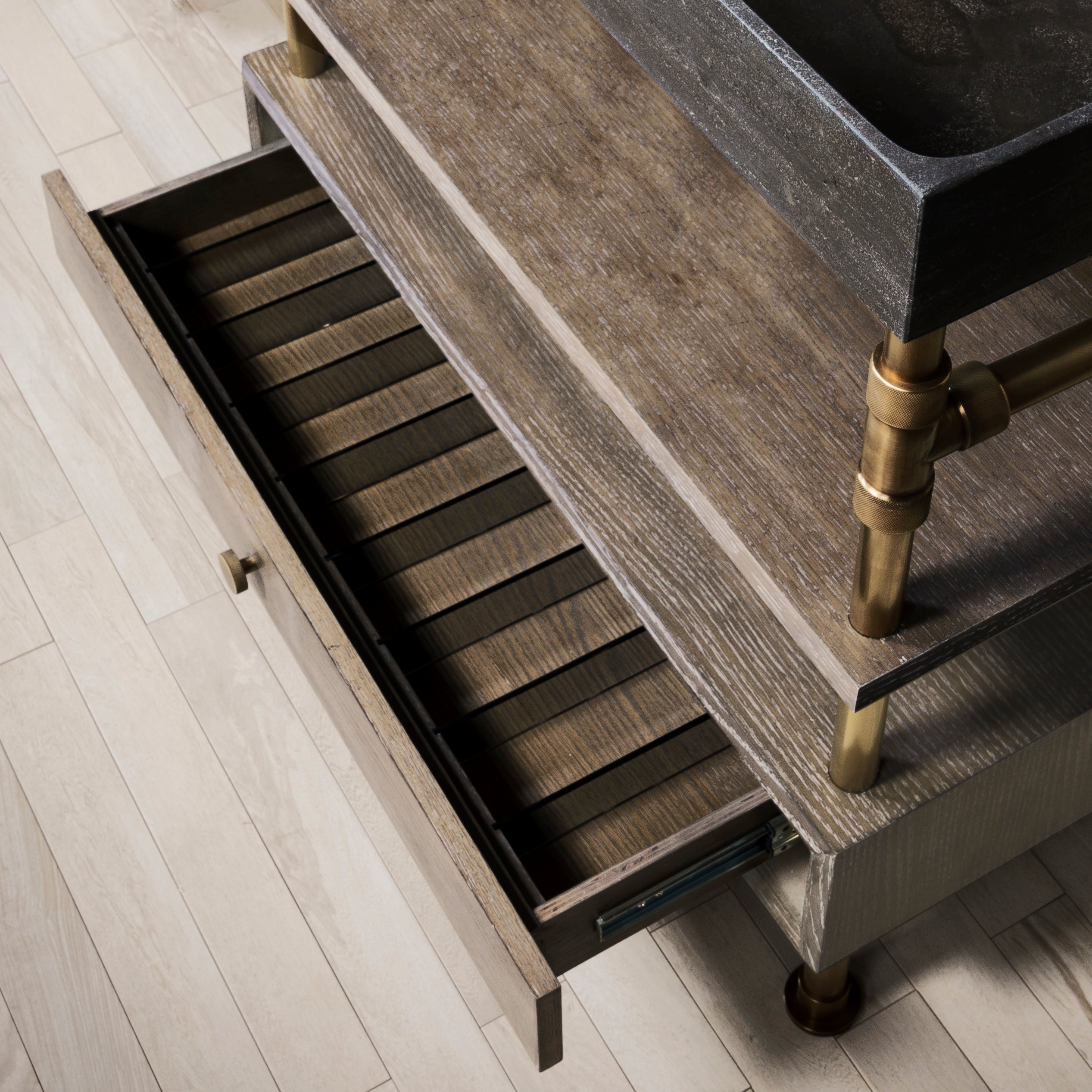 Stone Forest Elemental glass drawer dividers made of gray tempered glass